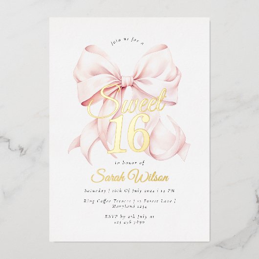 Pink Bow Sweet Sixteen Verjaardag Folie Uitnodigin Folie Uitnodiging (Voorkant)