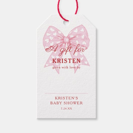 Pink Bow Sweetheart Baby shower Display Douche Cadeaulabel (Voorkant)