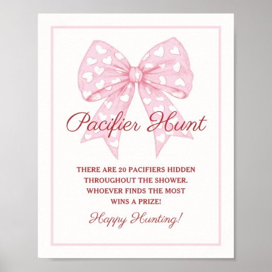 Pink Bow Sweetheart Baby shower Pacifier Hunt Game Poster (Voorkant)