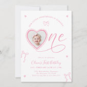Pink Bow Sweetheart First Birthday Invitation Kaart (Voorkant)