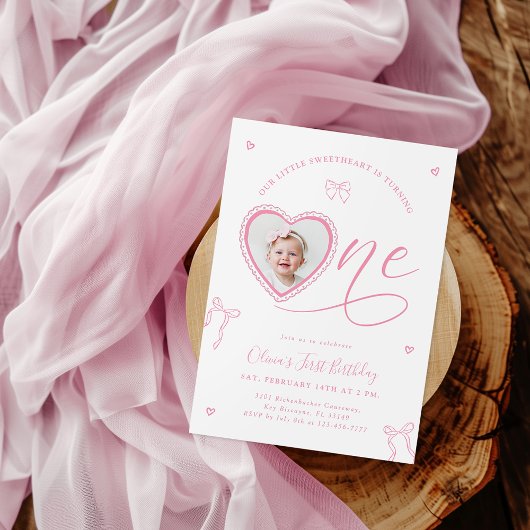 Pink Bow Sweetheart First Birthday Invitation Kaart