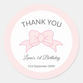 Pink Bow Thank You Girl Kids 1st Birthday  Ronde Sticker