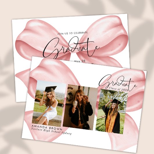 Pink Bow Three Photo Graduation 2025 Invitation Kaart