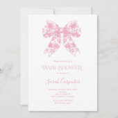 Pink Bow Toile Baby shower Girl Invitation Kaart (Voorkant)