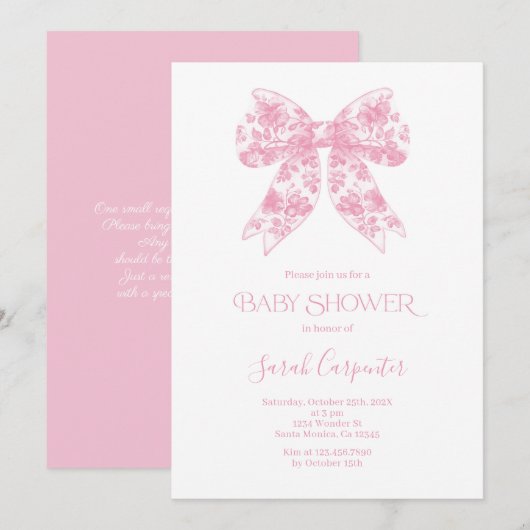 Pink Bow Toile Baby shower Girl Invitation Kaart (Voorkant / Achterkant)
