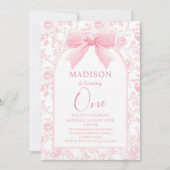 Pink Bow Toile Chinoiserie 1e verjaardag uitnodigi Kaart (Voorkant)