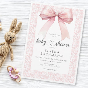 Pink Bow Toile Girl Baby shower Kaart
