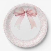 Pink Bow Toile Girl Baby shower Papieren Bordje (Voorkant)