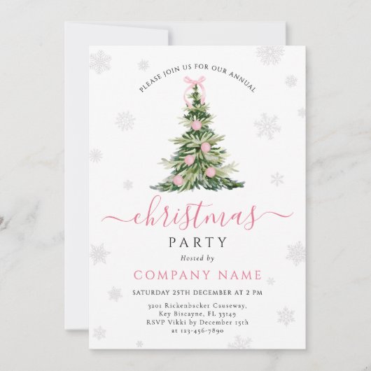 Pink Bow Traditional Tree Christmas Party Kaart (Voorkant)