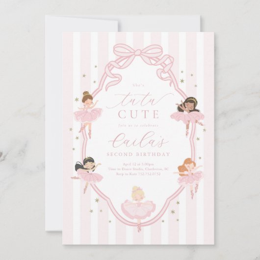 Pink Bow Tutu Cute Ballerina Birthday Invitation Kaart (Voorkant)