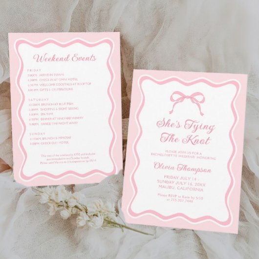 Pink Bow Tying The Knot Bachelorette Party Kaart