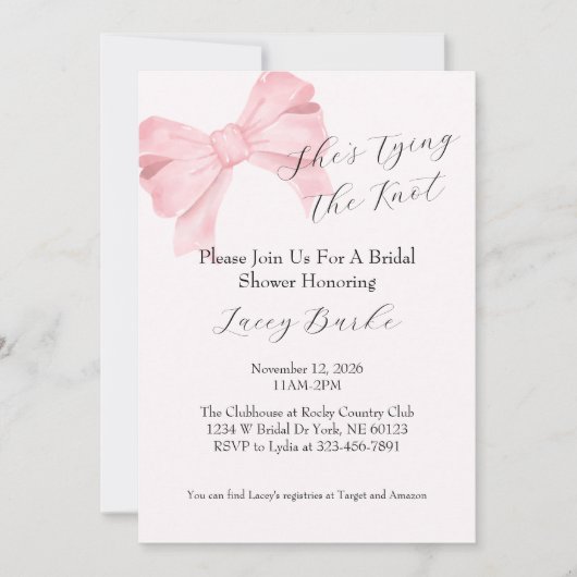 Pink Bow Tying the Knot Bridal Shower Invitation - Kaart (Voorkant)