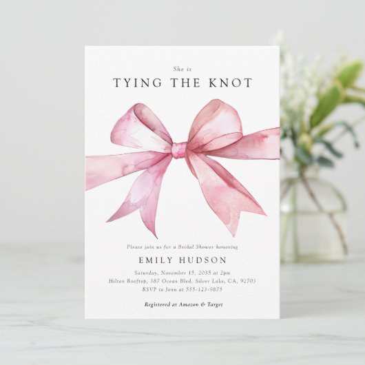 Pink Bow Tying the Knot Bridal Shower Uitnodiging (Staand voorkant)