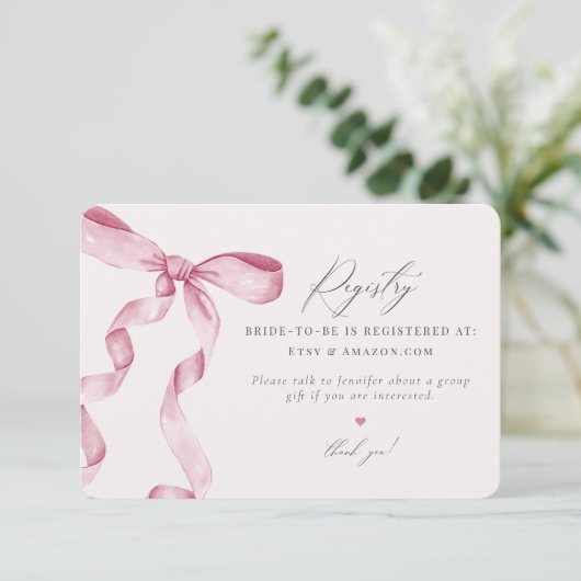 Pink Bow Tying the Knot Registry uitnodiging inser Informatiekaartje (Staand voorkant)