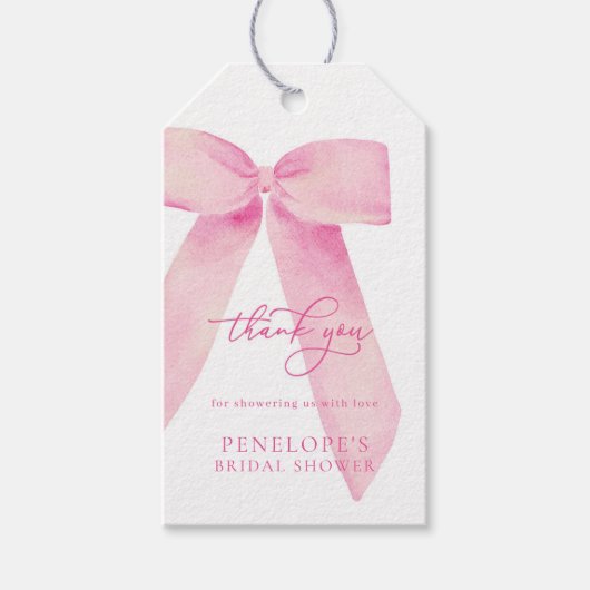 Pink Bow Tying the Knot Vrijgezellenfeest Favor Ta Cadeaulabel (Voorkant)