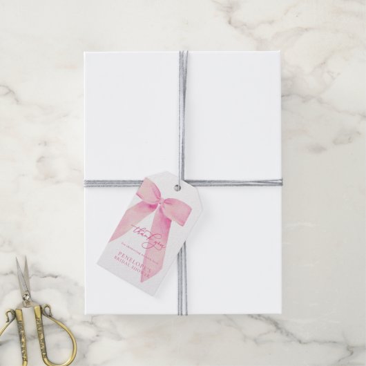 Pink Bow Tying the Knot Vrijgezellenfeest Favor Ta Cadeaulabel (Met Touw)