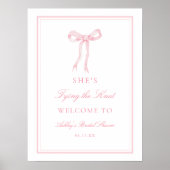 Pink Bow Tying The Knot Vrijgezellenfeest Welkom Poster (Voorkant)