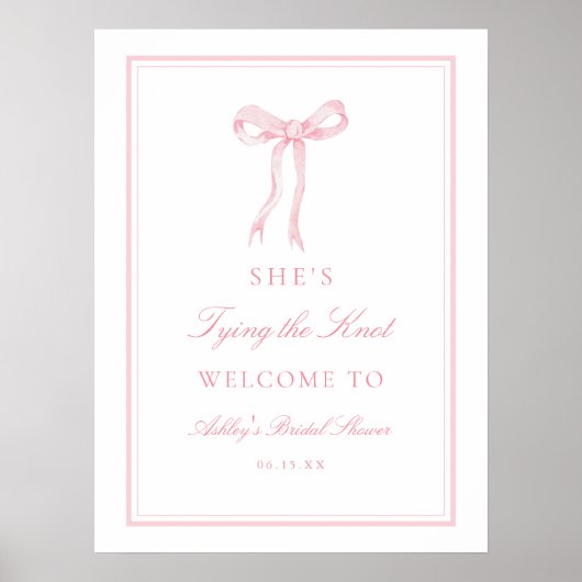 Pink Bow Tying The Knot Vrijgezellenfeest Welkom Poster (Voorkant)
