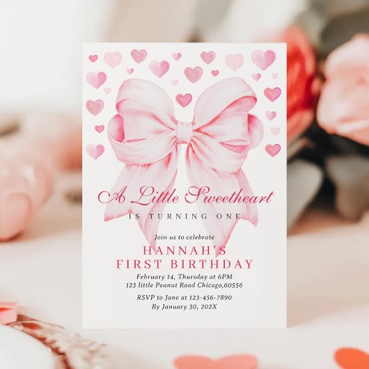 Pink Bow Valentijns's eerste verjaardagsuitnodigin Feestdagenkaart