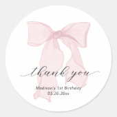 Pink Bow Verjaardag Bedankt Ronde Sticker (Voorkant)