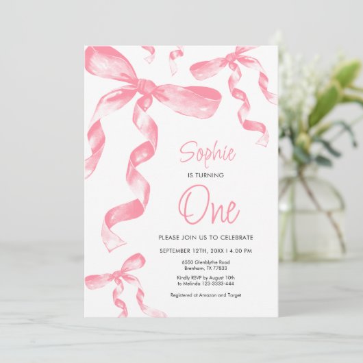 Pink Bow Verjaardag Uitnodiging (Staand voorkant)