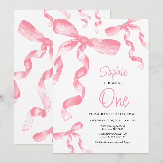 Pink Bow Verjaardag Uitnodiging (Voorkant / Achterkant)