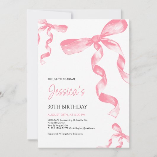 Pink Bow Verjaardag Uitnodiging (Voorkant)