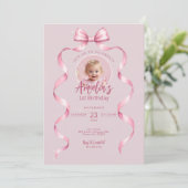 Pink Bow Verjaardag Uitnodiging met Foto (Staand voorkant)