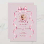 Pink Bow Verjaardag Uitnodiging met Foto (Voorkant / Achterkant)