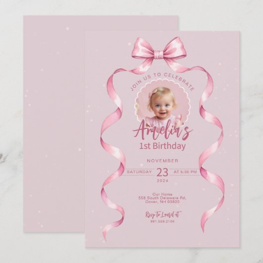 Pink Bow Verjaardag Uitnodiging met Foto (Voorkant / Achterkant)