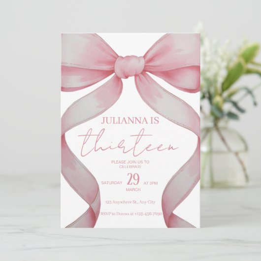 Pink Bow Verjaardag ,verjaardag uitnodiging, meisj Kaart (Staand voorkant)