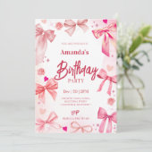 Pink Bow verjaardagsfeestje uitnodiging (Staand voorkant)