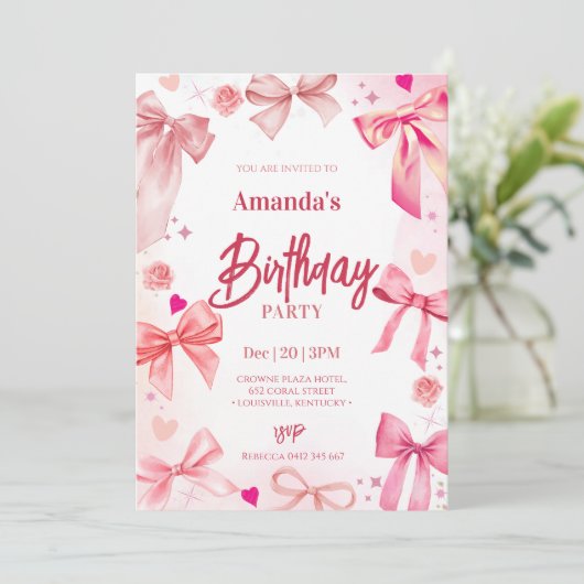 Pink Bow verjaardagsfeestje uitnodiging (Staand voorkant)