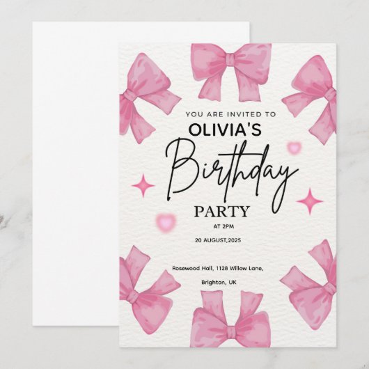 Pink Bow verjaardagsfeestje uitnodiging voor meisj (Voorkant / Achterkant)