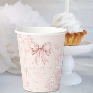 Pink Bow Verjaardagsfeestje Whimsy Toile gepersona Papieren Bekers