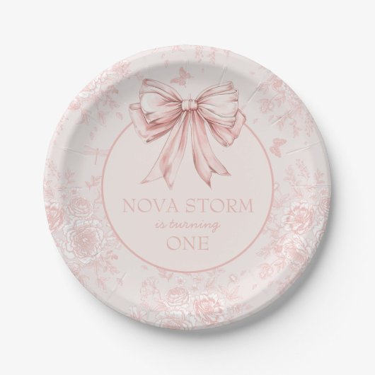 Pink Bow Verjaardagsfeestje Whimsy Toile gepersona Papieren Bordje (Voorkant)