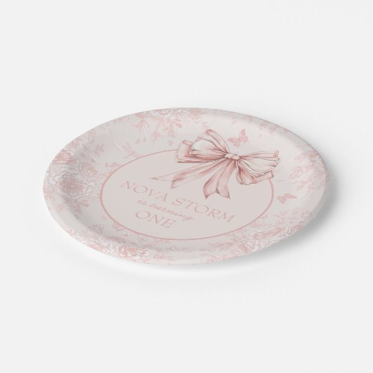 Pink Bow Verjaardagsfeestje Whimsy Toile gepersona Papieren Bordje (Gekanteld)