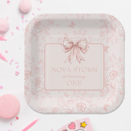 Pink Bow Verjaardagsfeestje Whimsy Toile gepersona Papieren Bordje