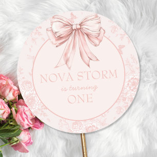 Pink Bow Verjaardagsfeestje Whimsy Toile gepersona Ronde Sticker