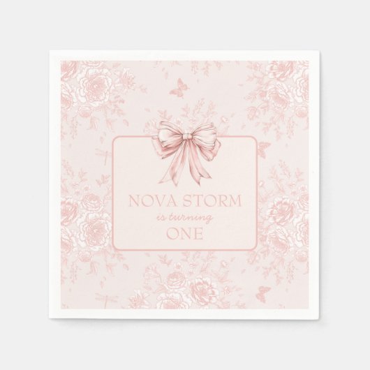 Pink Bow Verjaardagsfeestje Whimsy Toile gepersona Servet (Voorkant)