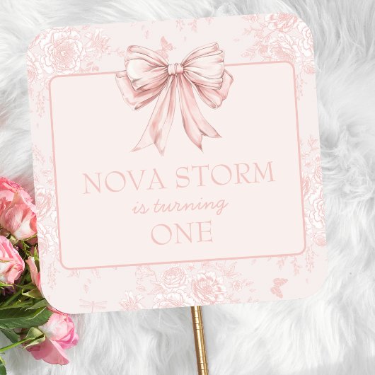 Pink Bow Verjaardagsfeestje Whimsy Toile gepersona Vierkante Sticker