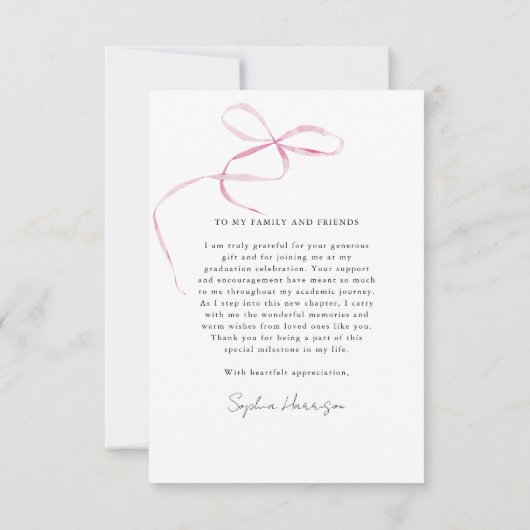 Pink Bow Vertical Script-Afstuderen Bedankkaart (Achterkant)