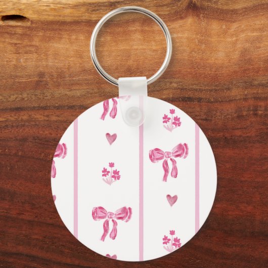 Pink Bow Vertical Stripe - preppy coquette verjaar Sleutelhanger (Achterkant)