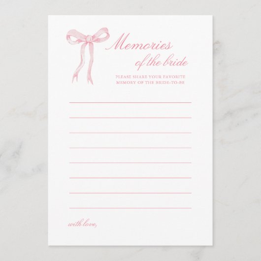 Pink Bow Vrijgezellenfeest Herinneringen aan bruid Advieskaart (Voorkant)