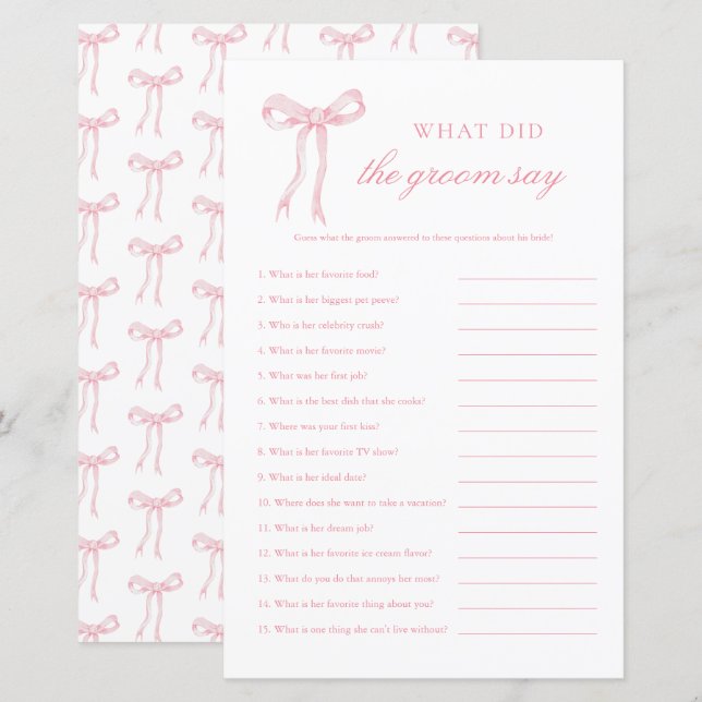 Pink Bow Wat zei de bruidegom roze bruids spel (Voorkant / Achterkant)