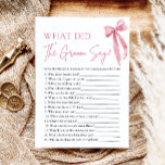 Pink Bow Wat zei de bruidegom zeggen Vrijgezellenf Kaart<br><div class="desc">Onthul hilarische inzichten met onze "What did the Groom Say" Vrijgezellenfeest Game. Met zijn charmante roze boog ontwerp, voegt dit spel een vleugje elegantie toe aan uw viering, terwijl gasten de antwoorden van de bruidegom op verschillende vragen over de aanstaande bruid raden. Van sentimenteel tot gekke, dit spel zal zeker...</div>
