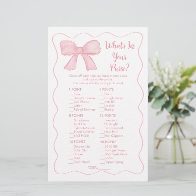 Pink Bow Wat zit er in je portemonnee Baby shower  (Staand voorkant)