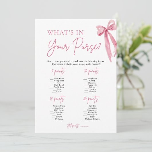 Pink Bow Wat zit er in je tas Vrijgezellenfeest sp Kaart (Staand voorkant)