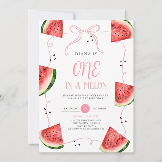 Pink Bow Watermelon First Birthday Invitation Kaart (Voorkant)