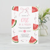 Pink Bow Watermelon First Birthday Invitation Kaart (Staand voorkant)